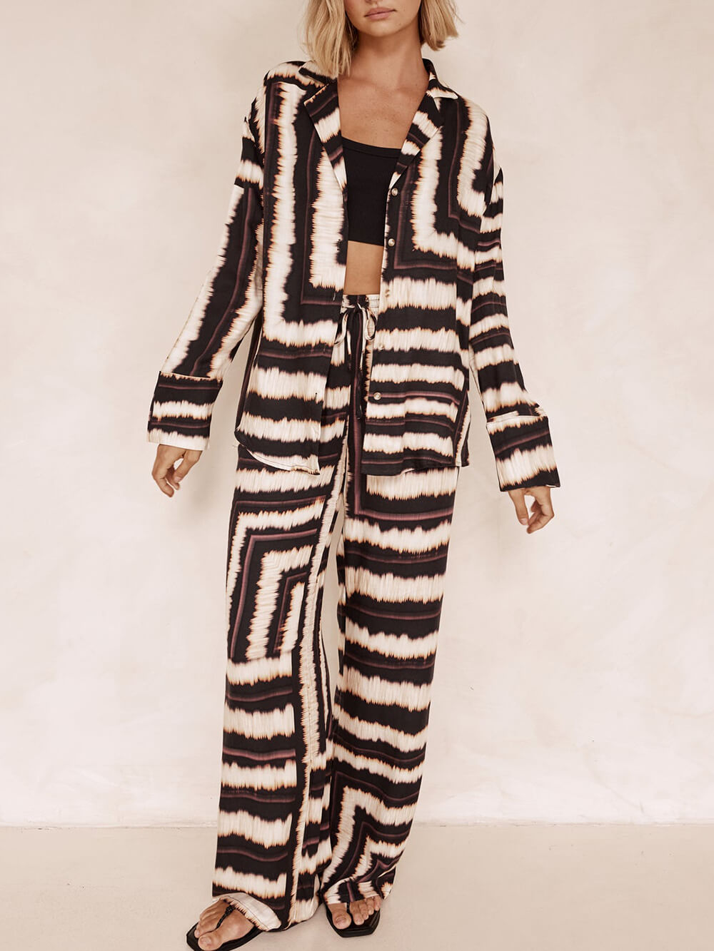 Signature Strip Textured Chocolate Print Loose Shirt Two-Pieces Set