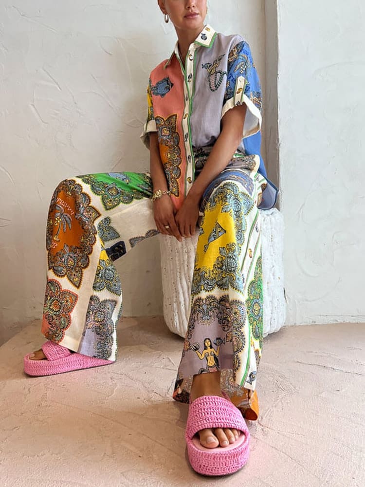 Paisley Satin Floral Wide-leg Pants Set
