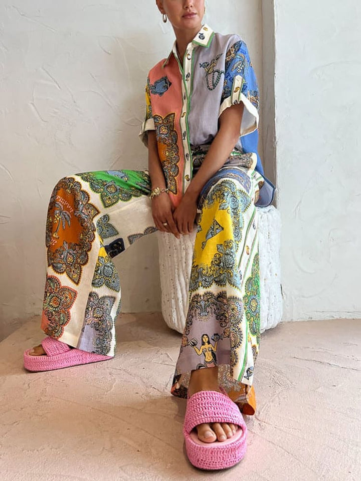 Paisley Satin Floral Wide-leg Pants Set