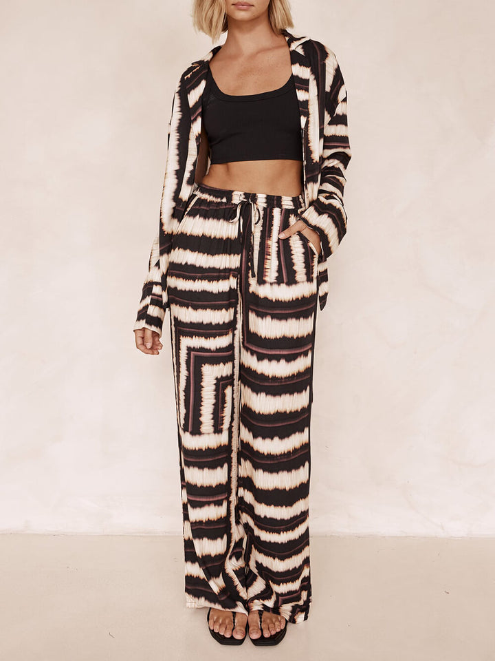 Signature Strip Textured Chocolate Print Loose Shirt Two-Pieces Set