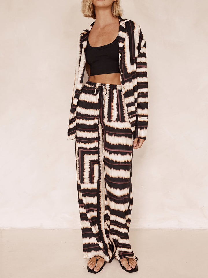 Signature Strip Textured Chocolate Print Loose Shirt Two-Pieces Set