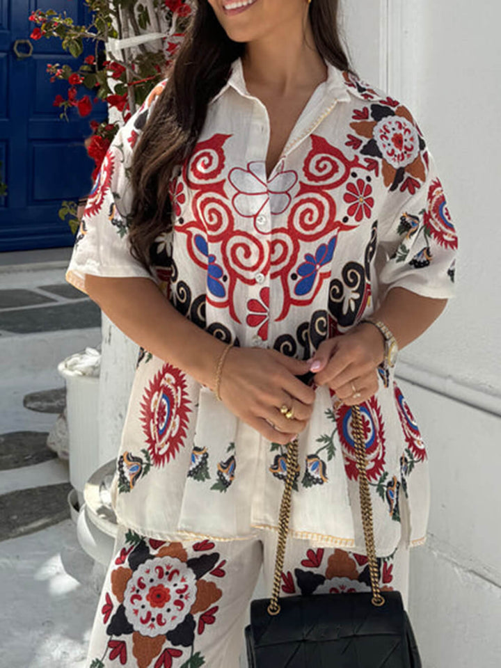 Unique And Exquisite Ethnic Floral Print Button-Down Oversized Blouses