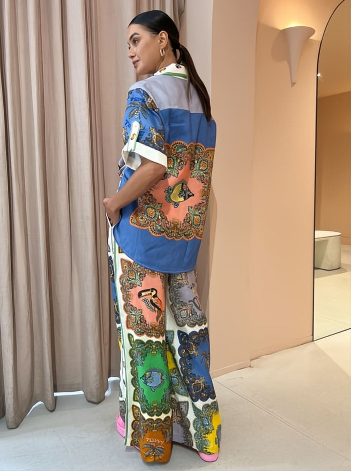 Paisley Satin Floral Wide-leg Pants Set