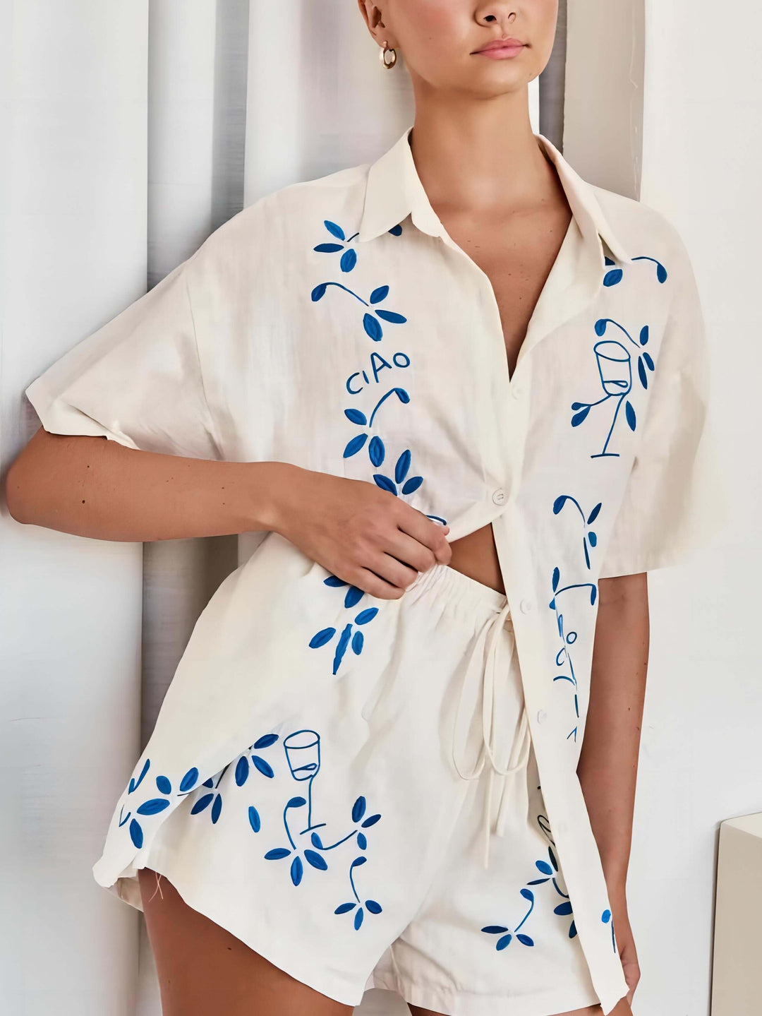 Square Collar Loose-Fitting Drop Sleeve Short Set